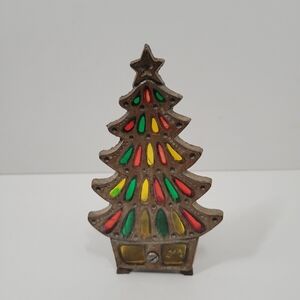 Vintage Cast Iron Stained Glass Style Christmas Tree Votive Candle Tea Light